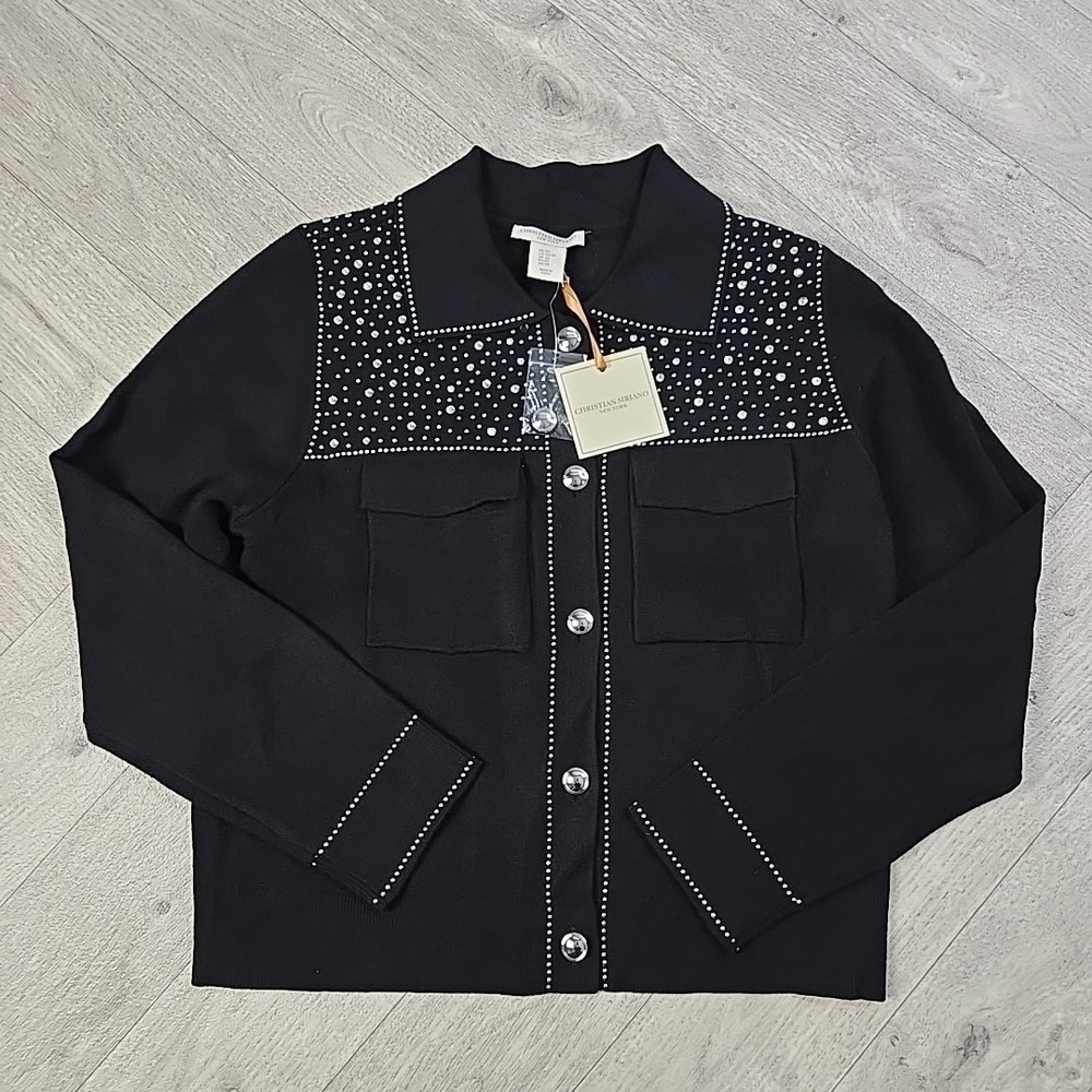 New! Christian Siriano XS Studded Bedazzled Button Up Cardigan Sweater Black